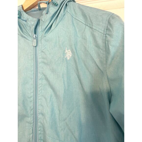 U.S Polo Assn, Full Zip Up HOODED WINDBREAKER Jacket--Size Large | Teal/ Blue - Picture 2 of 10